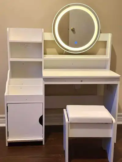 Kids Vanity Set with LED Light Mirror + Stool – Like New – $170, View more
