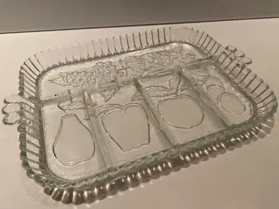 Vintage Glass Serving Dish With Sections & Fruit Motif, View more