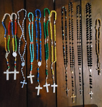 Unique Rosaries in various materials, prices, lengths $2 to $12