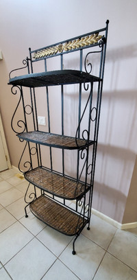 Large 4 tiered wrought iron and wicker bakers rack/etagere/bookc