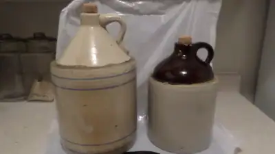 Vintage Antique Primitive Stoneware Whiskey Jugs. 1) Approx. 13” tall with 2 Rows of Double Blue Lin...