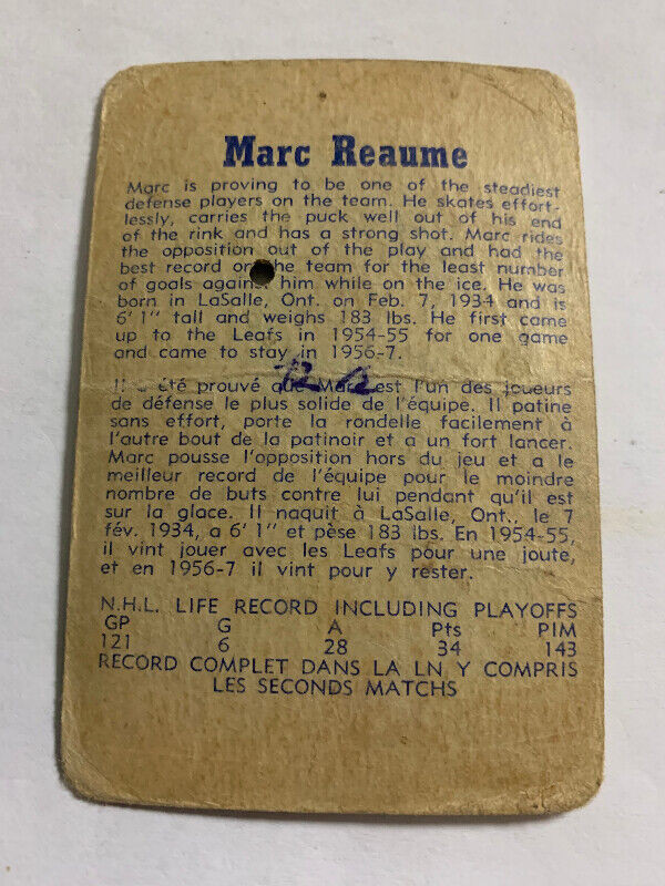 1957-58 Parkhurst hockey #12 Marc Reaume Toronto Maple Leafs dans Art et objets de collection  à Longueuil/Rive Sud - Image 2