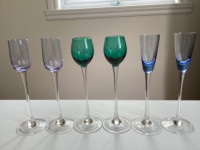 Set of 6 Long Stemmed Multi-Coloured Cordial Liqueur Glasses