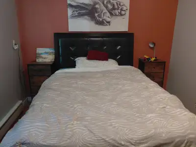 Almost new queen bedroom set including 60-in TV and mattress, View more