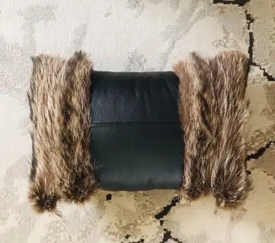 Raccoon Fur and Black Leather Decorative Accent Pillow, View more