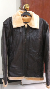 Mens Brown Bomber Real leather Jacket with Golden Fur