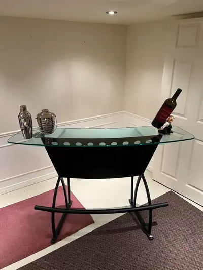 Two tiered metal and glass top corner bar and stools, View more