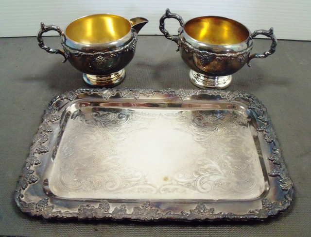 PLATED SILVER TRAY AND SUGAR & CREAMER (OLD ENGLISH) in Arts & Collectibles in Lethbridge