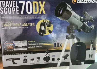 The telescope is new in the box. I won it as a door prize only to find out that my daughter already...