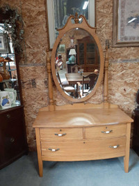 Antique, solid maple lowboy with oval mirror