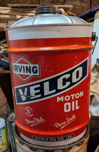 VINTAGE 1950's IRVING VELCO MOTOR OIL (5 GAL. IMP.) CAN, View more