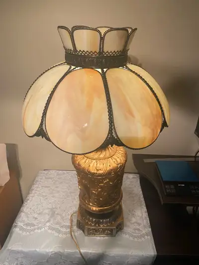 Art Nouveau Amber Slag Glass Lamp Brass/Plater Base 30” High, View more