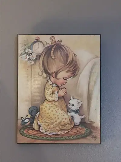 Vintage Praying Girl Wall Hanging print By Coby Press wood overall in good vintage condition. Perfec...