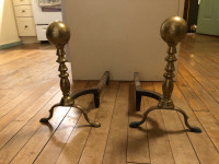 Vintage Pair Brass Cannonball Top Fireplace Log Holders Andirons