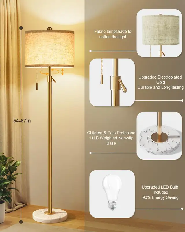 Floor Lamp Living Room Standing Marble Base 3 Way Dimmable Gold in Indoor Lighting & Fans in Oshawa / Durham Region - Image 5
