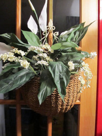 Hard wire framed wall basket with silk white flowers.
