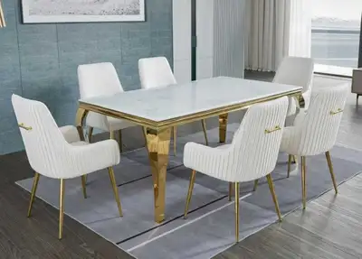 Marble Dining Table Set with Ribbed Chairs – Modern 6 Seater, View more