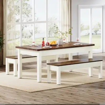 New-TRIBESIGNS 3PC DINING TABLE SET W/2-BENCHES, View more