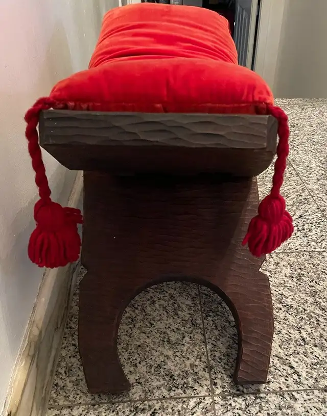 Rare Vtg Hand-Carved Folding Wooden Stool w/ Red Velvet Cushion in Arts & Collectibles in City of Toronto - Image 5