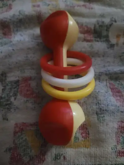Vintage Red & Cream Off White Two-Tone Baby Hand Rattle Toy , View more