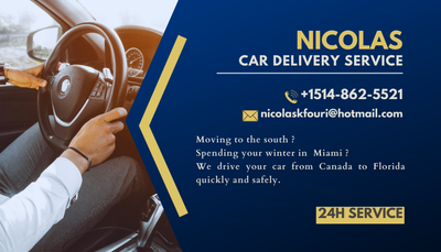 We drive your car from Quebec/Ontario to Florida. On conduit votre voiture du QC/ON aux États-Unis.