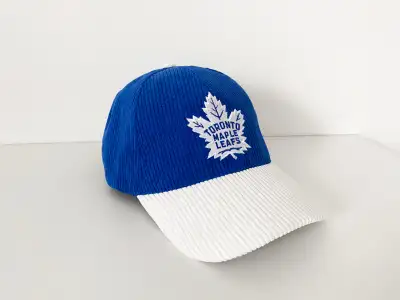 Vintage-style Toronto Maple Leafs baseball hat featuring a unique blue and cream corduroy design and...
