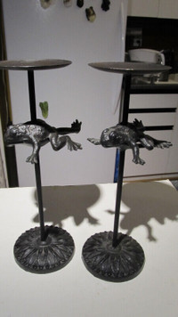 Set of 2 cast iron pillar candle holders, frog design.