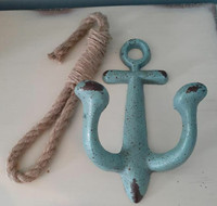 Blue Wrought Iron Anchor hooks with rope hanger nautical beach