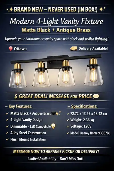 ✨ BRAND NEW — NEVER USED (IN BOX!) ✨ Modern 4-Light Vanity Fixture – Matte Black + Antique Brass Upg...