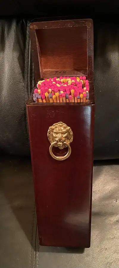  Wooden tall matchstick holder with lion door knocker trim, View more