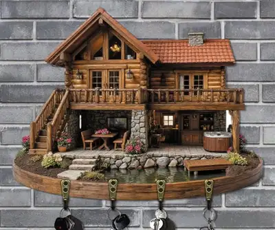 *NEW* 2-D FLAT WOODEN PANEL KEYCHAIN HOLDER-CABIN SCENE, View more