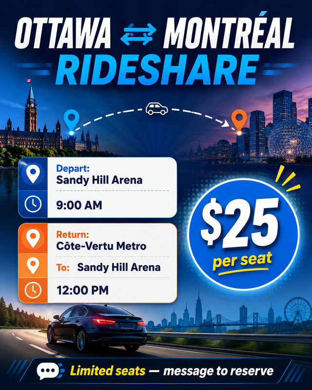 Ottawa to Montreal rideshare Saturday 9:00 AM