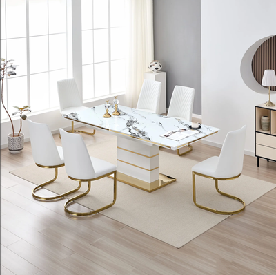 White Marble Dining Set with Gold Accents, View more