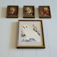 Vintage 1970s Embroidery Owl Pictures. Embroidered 70s Owls art