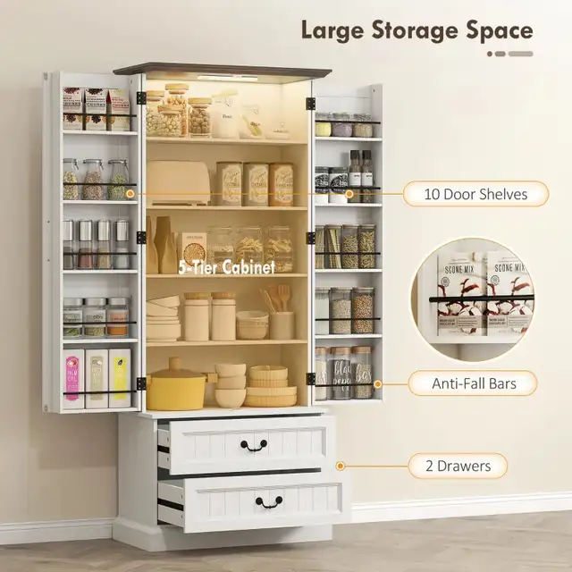 2 drawers 72" LED Kitchen Pantry, Buffet Storage Cabinet  in Bookcases & Shelving Units in Markham / York Region - Image 3