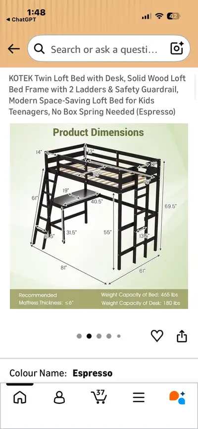 Solid Wood Twin Loft Bed with Desk & 3 Ladders – Mattress Option, View more