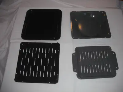 2 Broiler Pans- grey 13x16” or black15.5”x15.5”, enamel, steel, View more