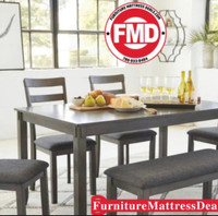 Brand New Grey 6 Piece Dining Room Set 4 Chairs, 1 Bench, and Ta