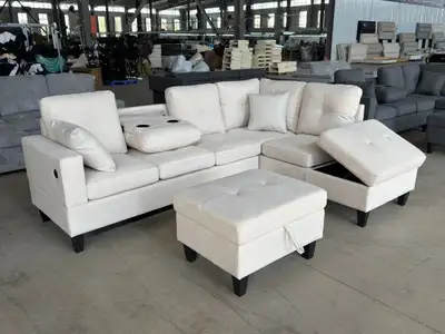 White Fabric Sectional Sofa with Built-in Cups , View more