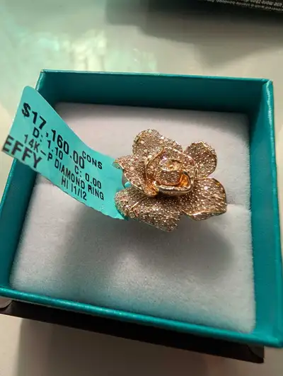 14 kt gold rose ring with diamonds , View more