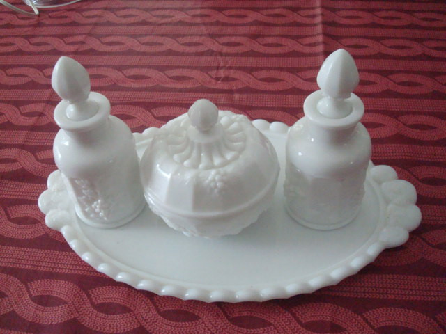 milk glass grape  candle holder &amp;   dresser set in Other in Kawartha Lakes