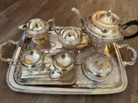Silver Plated 2Tray and Tea Set w/ Cream and Sugar Bowls/ Butter