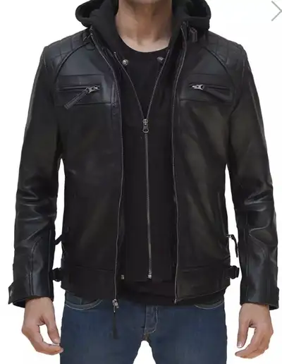 NEW Size Mens XL Black Hooded Lambskin Leather Hooded Jacket, View more