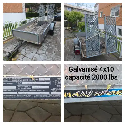 Remorque maxi roule galvanisé 4x10 + rampe galvanized trailer valeur $3500 + taxes pres de jean talo...