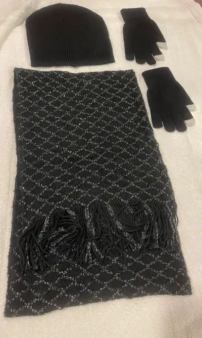 Shiny Black 3 pc Scarf, Hat & Gloves Gift Set, View more