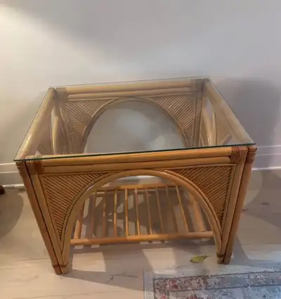 Vintage Mid Century Bohemian Rattan Coffee Table with Glass Top, View more