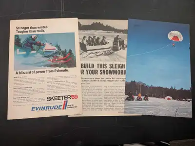 Three interesting snowmobile related magazine cutouts all with wear. Skeeter 69 Evinrude Ad, kids in...