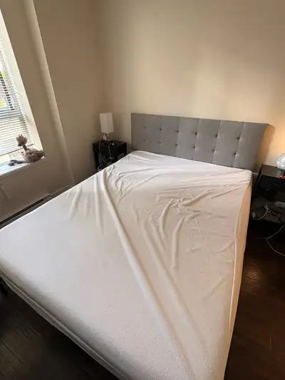 Metal Bed Frame with Grey Upholstered Headboard, View more