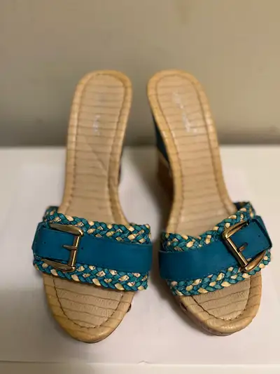 Sugar Reef Teal Woven Buckle Wedge Sandals-size 39, View more