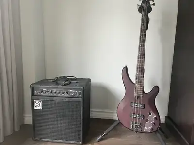 Excellent condition Yamaha TRBX504 Bass guitar (brown) with Ampeg BA110 v2 amp and Starfish stand